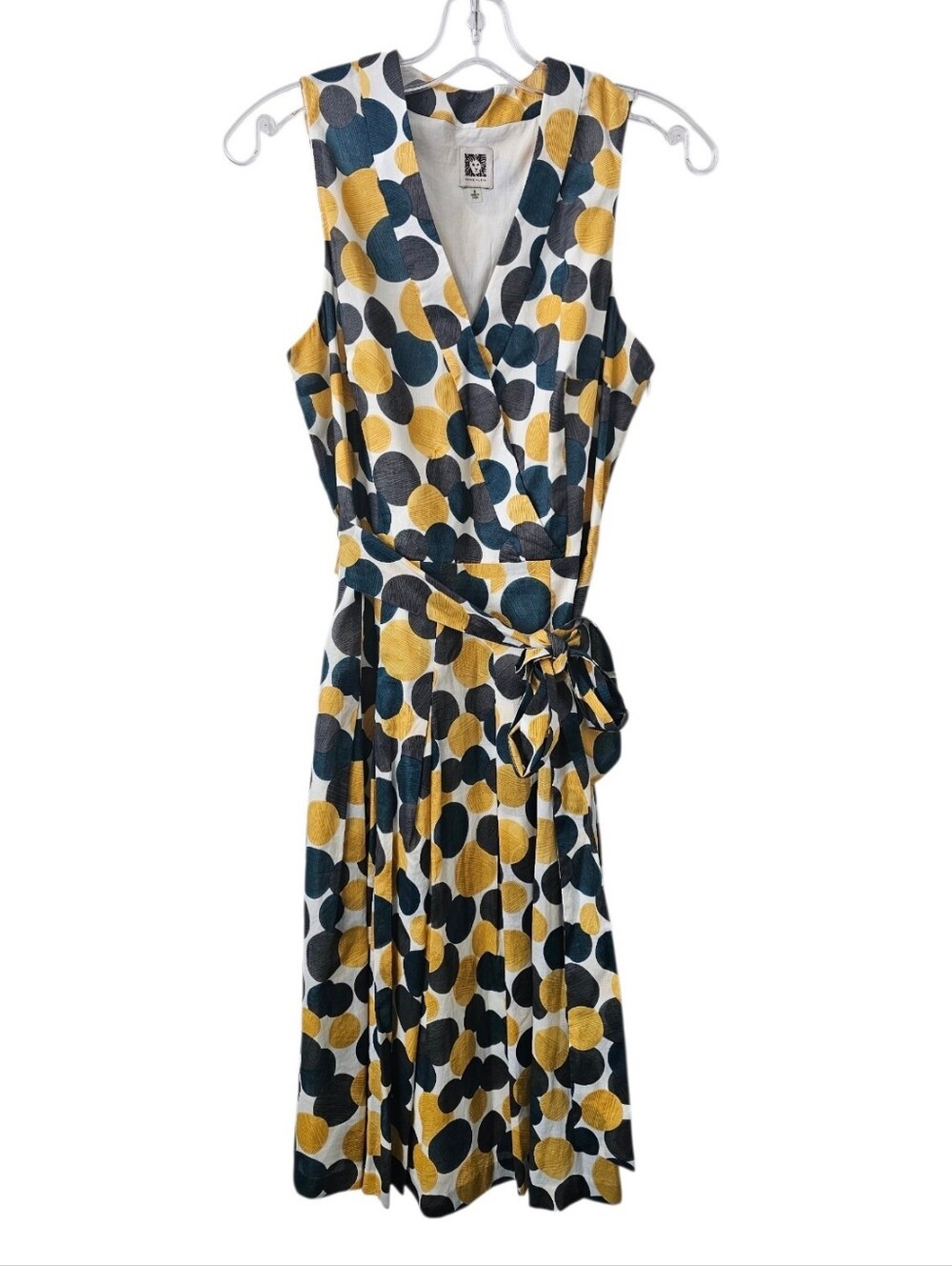 Anne Klein Cotton Sleeveless Polka Dot Goldenrod Wrap Dress Size 8